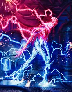 an image of a man that is in the air with some lightnings around him