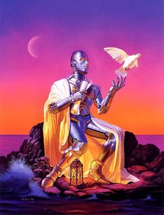 a painting of a man sitting on top of a rock next to a bird flying over him