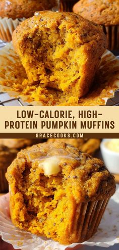 low calorie high - protein pumpkin muffins are the perfect treat for fall