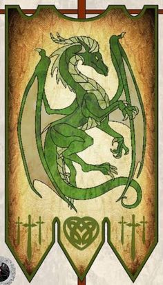 a green dragon sitting on top of a wooden plaque with celtic symbols in it's center