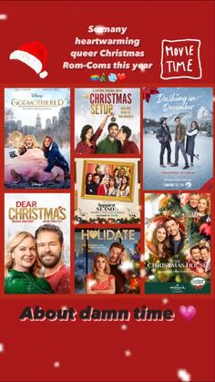 the movie poster for about damn time with many movies in red, white and green