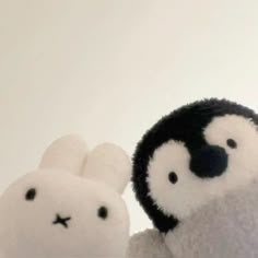 two black and white stuffed animals sitting next to each other in front of a white wall