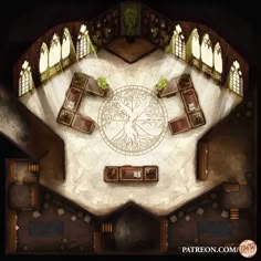 an overhead view of a table with chairs and fire in the center surrounded by windows