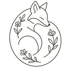 a black and white drawing of a fox sitting in a circle with flowers on it