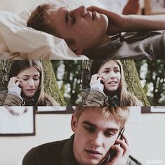 two people are talking on their cell phones in the same room, and one person is sleeping