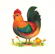 a drawing of a rooster and its chickling on the grass with flowers in the background