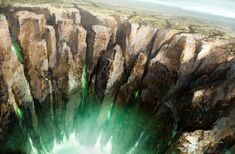 an artist's rendering of a green lake surrounded by rocks