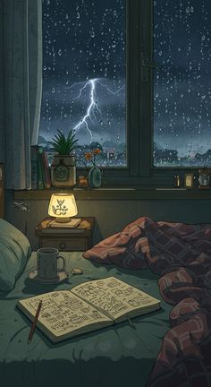 an image of a bedroom scene with a book on the bed and a lightning in the sky