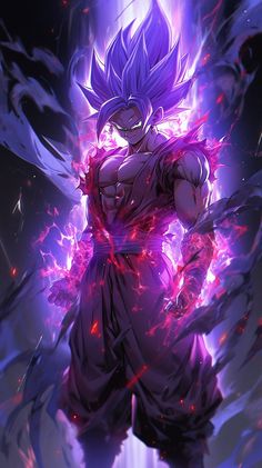the dragon ball character is surrounded by purple and red firework, as well as his arms