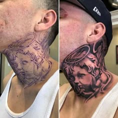 a man with tattoos on his neck is shown before and after he has been shaved