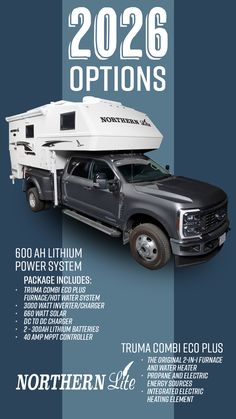 a truck with a camper attached to the bed is shown in front of a blue background