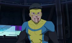 an animated man in a yellow and blue outfit standing next to a tennis ball court