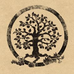 a tree in a circle with leaves and birds around it