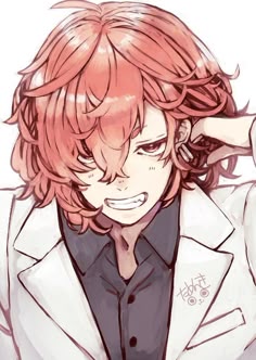 an anime character with red hair wearing a white jacket and black shirt, holding his hand up to his ear