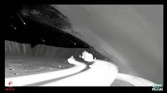 a snowboarder is going down a snowy mountain trail in black and white photo