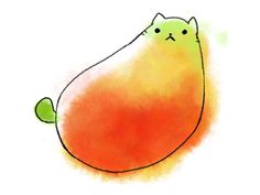a drawing of a cat sitting on top of an orange and green ball with its eyes closed