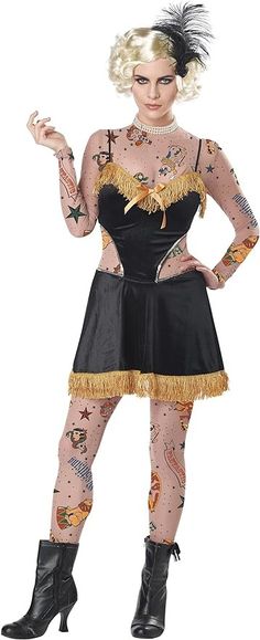 a woman dressed in a costume with tattoos on her body and black tights, is posing for the camera