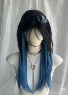 Back Hair Dye, Black And Teal Hair Color, Blue And Black Hair Dye Ideas, Dark Brown Hair With Dark Blue Highlights, Blue Hair In The Front, Black And Blue Hair Underneath, Black To Light Blue Hair, Dream Hair Color, Cute Hair Ideas Color