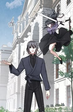 two anime characters standing in front of a building