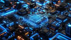 Electronic Circuit Board With Led Lights, Blue Screen Circuit Board, Close-up Of Led Circuit Board, Digital Circuit Board With Glowing Lights, Blue Circuit Board Image, Led Circuit Board With Glowing Lights, Blue Illuminated Circuit Board, Blue Glowing Circuit Board Design, Close-up Of Illuminated Circuit Board