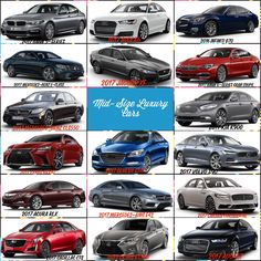 many different types of cars are shown in this image, with the names below them