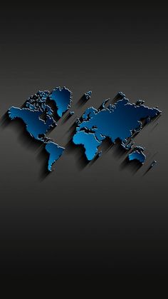 the world map is shown in blue on a dark background with shadow from below it