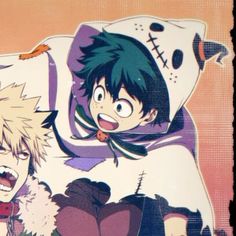 two anime characters laying on top of each other