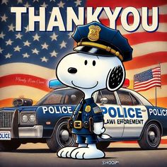 a cartoon character is standing next to a police car with an american flag in the background