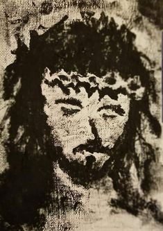 a black and white drawing of jesus with his head turned to the side, in front of a grungy background