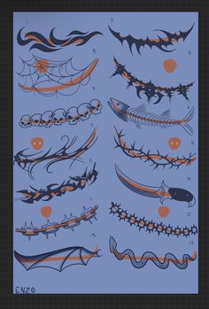 an image of different types of tattoos on a blue background with orange and black designs