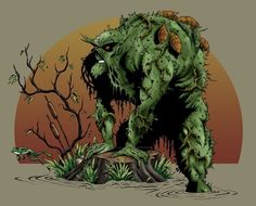 Swamp Thing (Alec Holland) is a fictional character, a superhero in the DC Comic universe. Created by Len Wein and Bernie Wrightson, He first appeared in House of Secrets #92 in 1971. He is an elemental creature who shares a connection to all plant life on the planet Earth through a network called the Green. He is a mass of vegetable matter that absorbed the memories and personality of Alec Holland, a botanist who died in a swamp shortly after creating a hormonal Bio-Restorative Formula for plants. He is associated with the Parliament of Trees and the White Lantern Corps. Swamp Thing Cartoon, Swamp Thing Illustration, Swamp Thing Painting, Swamp Thing Fan Art, Swamp Thing Artwork, Swamp Thing Drawing, Swamp Monster Concept Art, Swamp Thing Fan Art Inspiration, Dismal Swamp