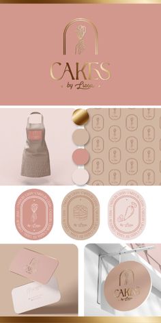 the logo for cakes by design is shown in gold, pink and white colors with an elegant