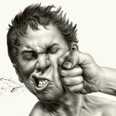 a black and white drawing of a man holding his hand up to his face as if screaming