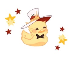 a yellow duck wearing a hat and bow tie with stars around it on a white background