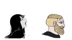 two people with long hair and beards are facing each other