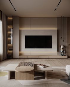 a living room with a large television mounted on the wall and two tables in front of it