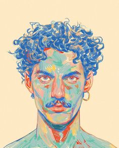 a drawing of a man with curly hair and blue eyes