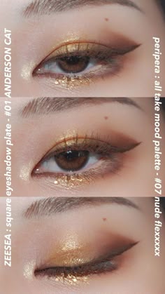 Eye Makeup Chinese, Asian Eye Makeup Glitter, Gold Korean Makeup, Golden Douyin Makeup, Gold Eye Makeup Asian, Gold Makeup Asian Eyes, Colorful Eye Makeup Asian Eyes, Red Asian Eye Makeup, Gold Eye Makeup Douyin