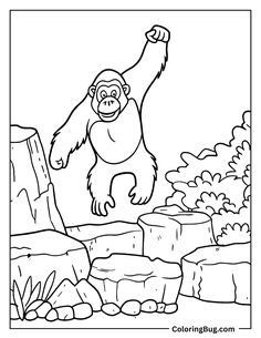 a cartoon gorilla standing on rocks with his arms in the air and one hand up