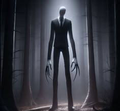 a creepy man standing in the middle of a forest