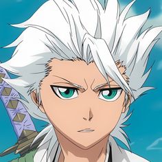 an anime character with white hair and green eyes looks at the camera while standing in front of a blue sky
