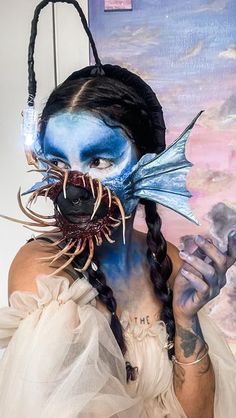Anglerfish Oc, Shark Gills Makeup, Angler Fish Makeup, Fish Gill Makeup, Whale Makeup, Angler Fish Cosplay, Creature Makeup, Squid Makeup, Sea Creatures Makeup