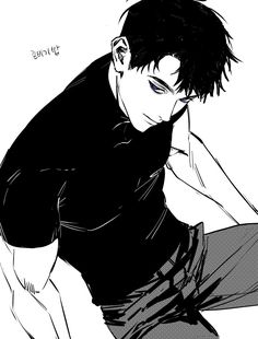 a black and white drawing of a man with his hand on his face, sitting down