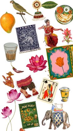 an assortment of decorative items displayed on a white background, including oranges and flowers