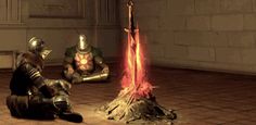 two knights sitting on the floor in front of a fire pit with flames coming out of them
