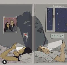 two pictures of a man and woman in bed looking at each other through the window