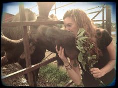 a woman is petting a horse behind a fence