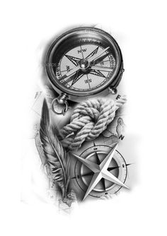 a black and white drawing of a compass, an anchor, a feather and a ship's rope