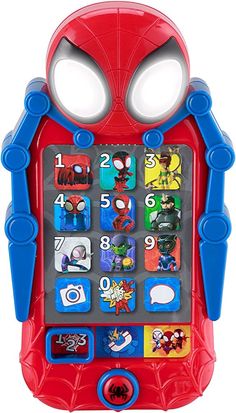 the spiderman phone is red and blue with numbers on it's front side