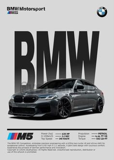 the bmw m5 sports car is shown in black and white, with an advertise